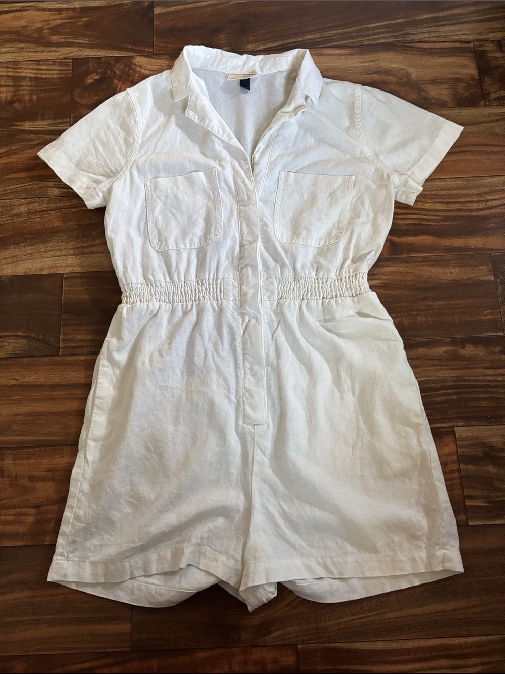 White Short-Sleeve Romper with Pockets